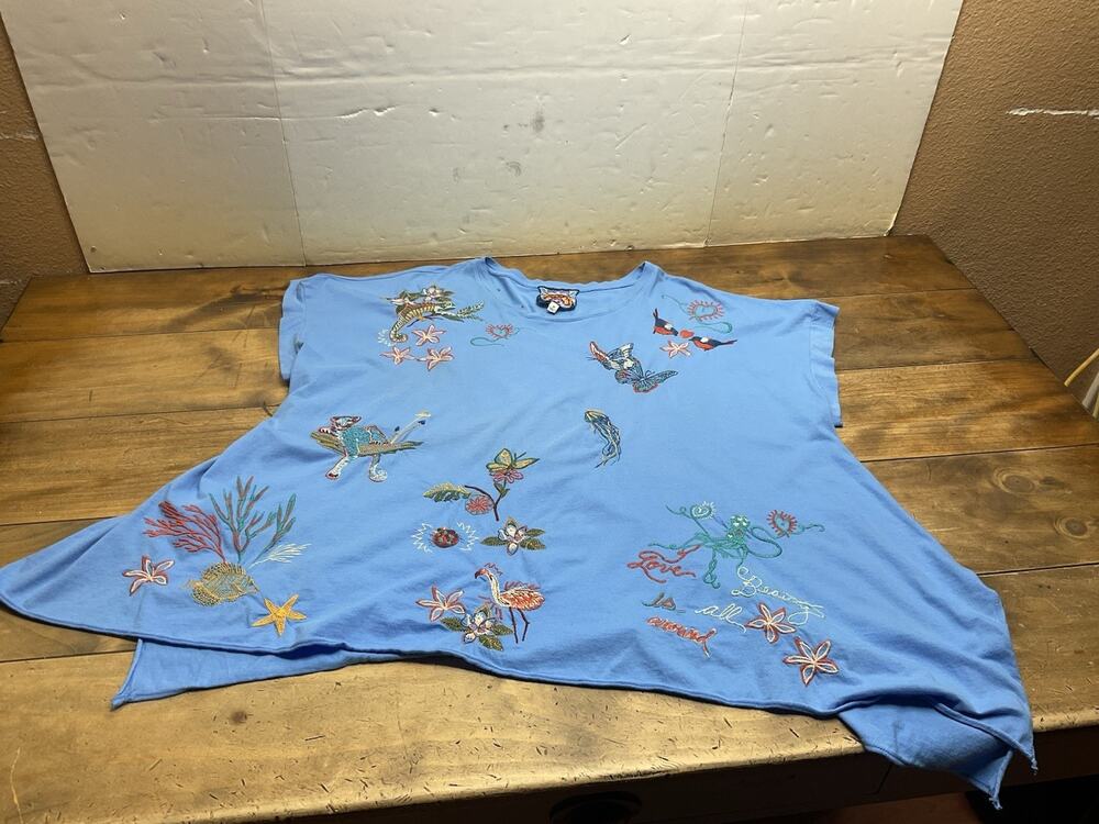 Johnny Was Zoe Relaxed Drape Embroidered Top T-Shirt Blue Size 3X